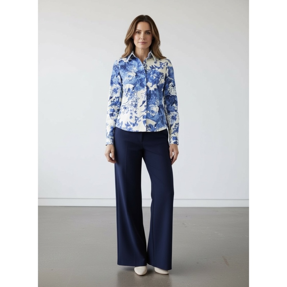 Carlisle Blue White Floral Print Cream Long Sleeve Zip Jacket Women’s Size 4